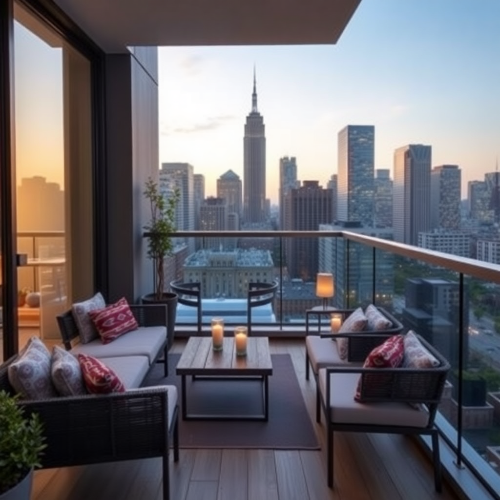 contemporary apartment balcony with city skyline view modern outdoor furniture